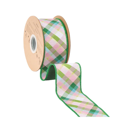 Modern pastel bias check wired ribbon,  multi‑color plaid on light base with solid green backing