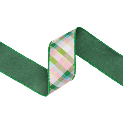 wired dupioni ribbon with pink and green bias plaid print, soft multi‑tonal pattern and green backing for wreaths
