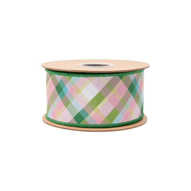 Pastel bias plaid wired ribbon,  featuring pink, green and multiâ€‘tone check lines with green reverse
