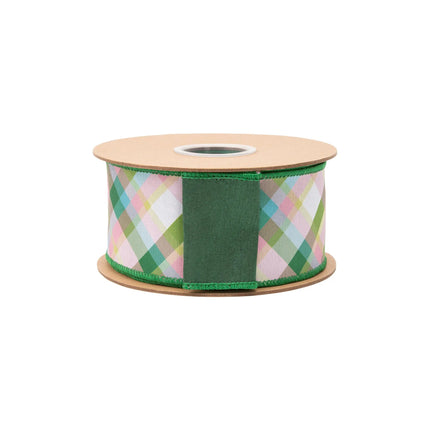 2 1/2" pink‑green diagonal plaid dupioni ribbon, soft spring‑style tartan design with matching green backing