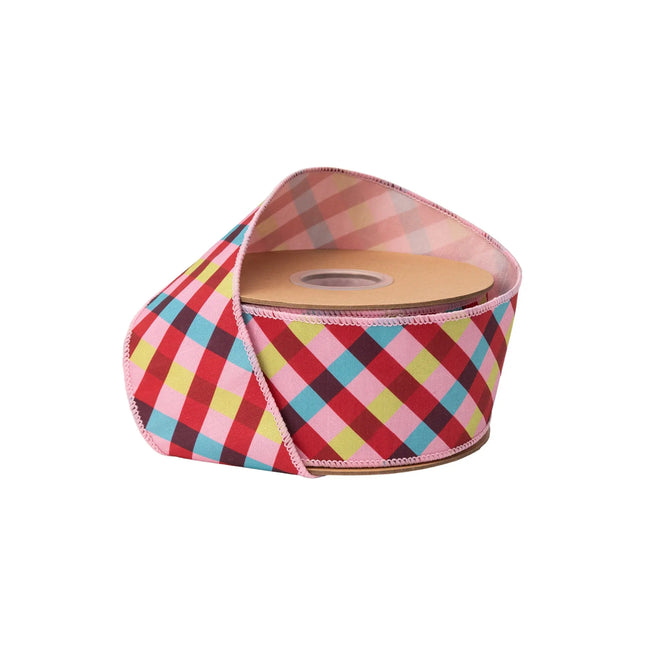 2 1/2" wired dupioni ribbon, pink red blue bias plaid print with pink backing for vibrant festive crafts