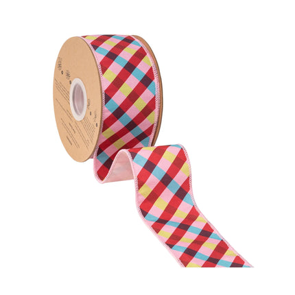 Modern colorful bias check wired ribbon, vivid mixed‑tone plaid and solid pink backing