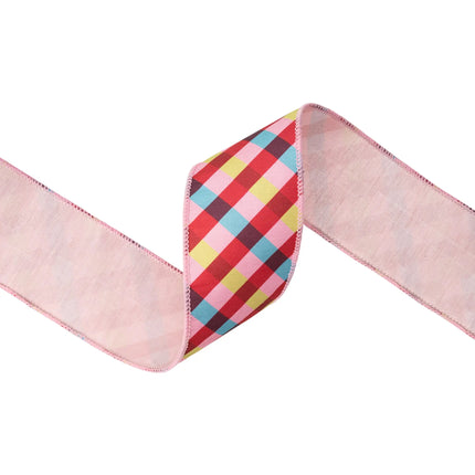 2 1/2"wired dupioni ribbon with pink red blue bias plaid, playful multi‑hued pattern and pink backing for wreaths
