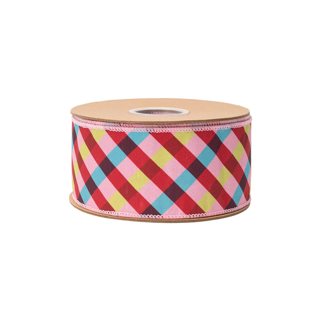 Multiâ€‘color diagonal plaid wired ribbon,  featuring pink, red, blue and yellow check pattern with pink reverse