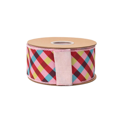 2 1/2" pink‑red‑blue bias plaid dupioni ribbon,  bright tartan design with matching pink backing