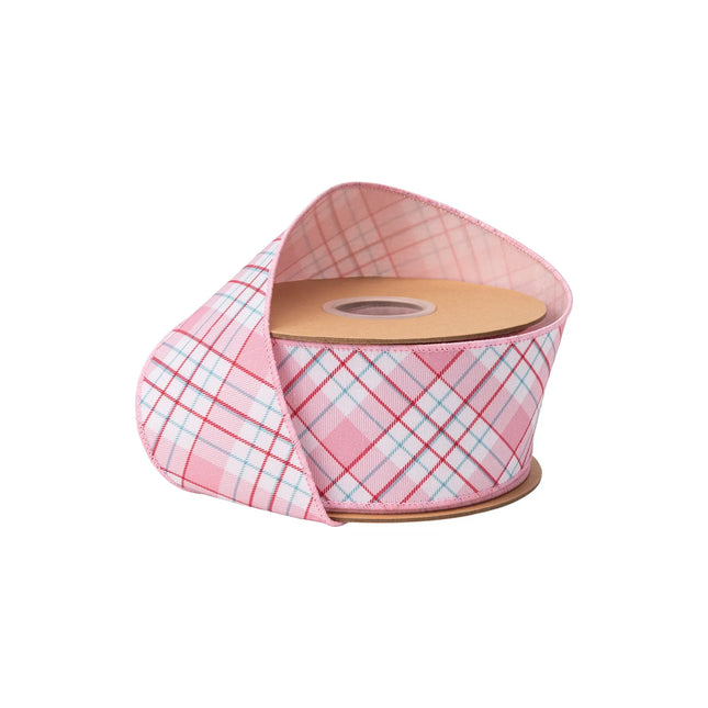 2 1/2" wired dupioni ribbon, pink red white bias plaid pattern with pink backing for soft sweet decor