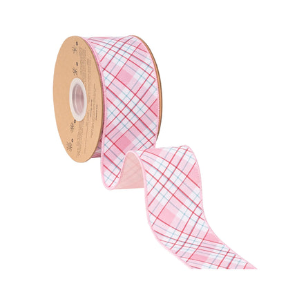 Gentle feminine bias check wired ribbon, light pink base with multi‑tonal plaid and solid pink backing