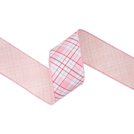 2 1/2"  wired dupioni ribbon with pink red white bias plaid print, clean soft pattern and pink backing for wreaths