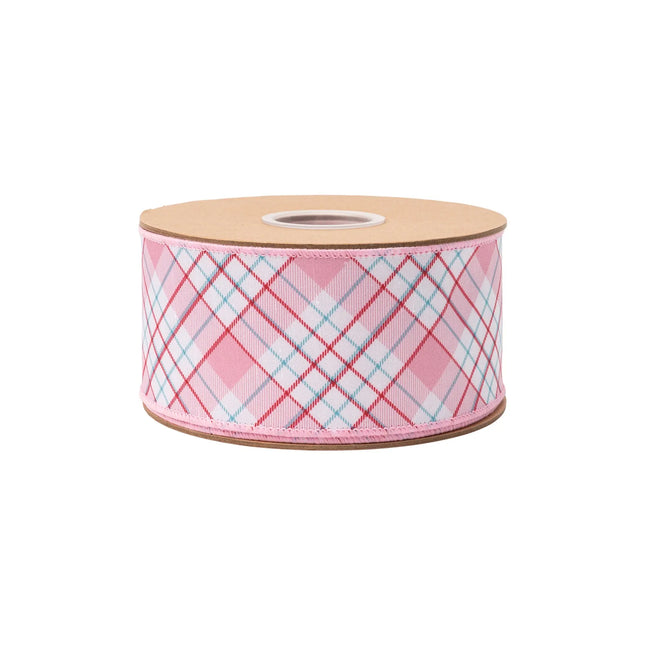 Pastel pink diagonal plaid wired ribbon, with redâ€‘white check accents and pink reverse side