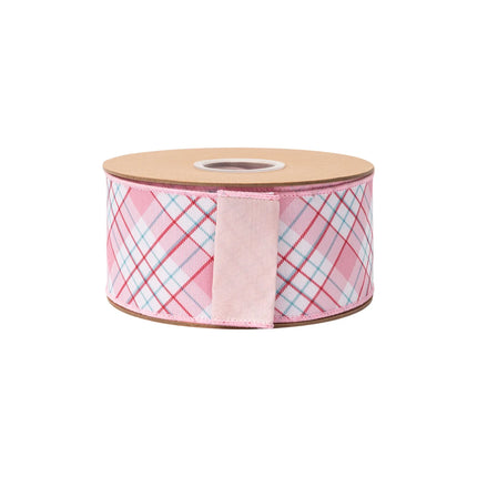 2 1/2" pink‑red‑white bias plaid dupioni ribbon, delicate tartan design with matching pink backing