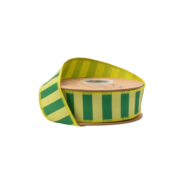 1 1/2" wired dupioni ribbon, green and lime horizontal stripe pattern with green backing for fresh seasonal decor
