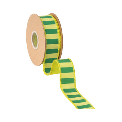 Modern solid‑color stripe wired ribbon, alternating dark green and lime bands with solid green backing