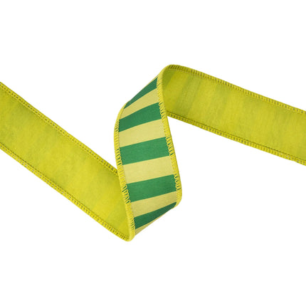 1 1/2"wired dupioni ribbon with green‑lime horizontal stripes, vivid color contrast and green backing for crafts