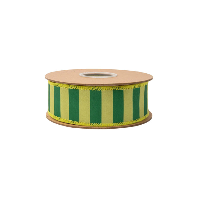 Bold greenâ€‘lime striped wired ribbon, with even horizontal bands and green reverse side