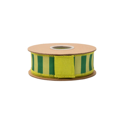 1 1/2" green‑lime horizontal stripe dupioni ribbon, wired edge, bright two‑tone design with matching green backing