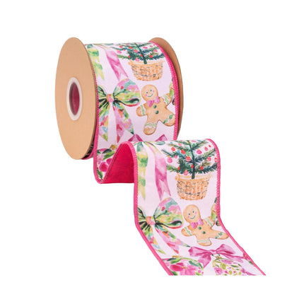 4" Wired Dupioni Ribbon | Pink Baubles and Bows w/ Pink Backing | 10 Yard Roll