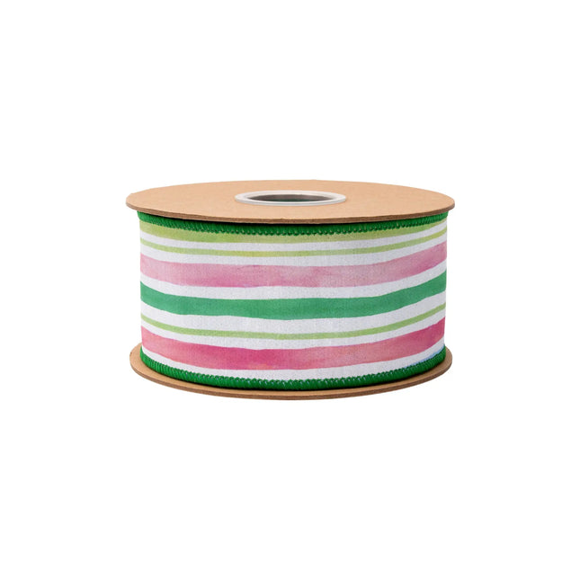 2 1/2" Wired Dupioni Ribbon | Pastel Stripes w/ Green Backing | 10 Yard Roll