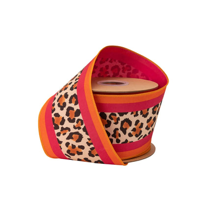 4" wired dupioni ribbon, leopard animal print center with pink‑orange stripe borders and pink backing