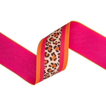 4" Animal Print Center Stripe and 2 1/2" Hot Pink with 1 1/2" Black Orange Glitter Ribbon Bundle | 3 Rolls | 30 Yards