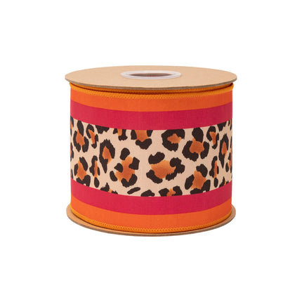 Statement wired ribbon, featuring classic leopard print framed by pink and orange stripes with pink reverse