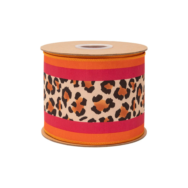 Statement wired ribbon, featuring classic leopard print framed by pink and orange stripes with pink reverse