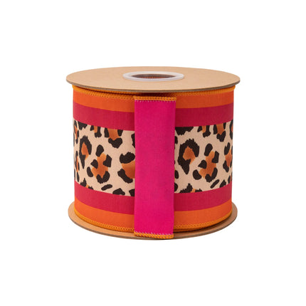 4" animal print dupioni ribbon, leopard‑patterned center with colorful pink‑orange trim and matching pink backing