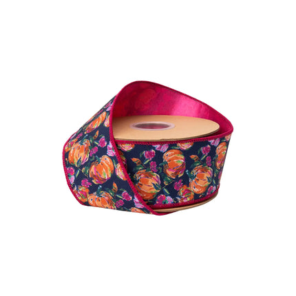2 1/2" wired dupioni ribbon, hand‑painted pumpkins and flowers on navy blue with satin pink backing