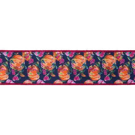 wired dupioni ribbon with pumpkin and flower print, rich navy tone and satin pink backing for harvest wreath crafts