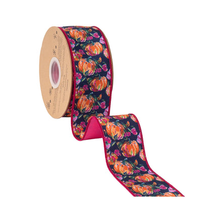 Artistic autumn wired ribbon, deep blue background with painted pumpkins and blooms paired with solid pink satin backing