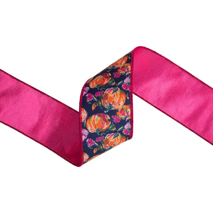 2 1/2" fall pumpkin floral dupioni ribbon, colorful pumpkin‑flower design on dark blue base with satin pink backing