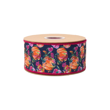 Navy blue wired ribbon with vibrant pumpkin floral print,featuring autumn botanicals with pink satin reverse