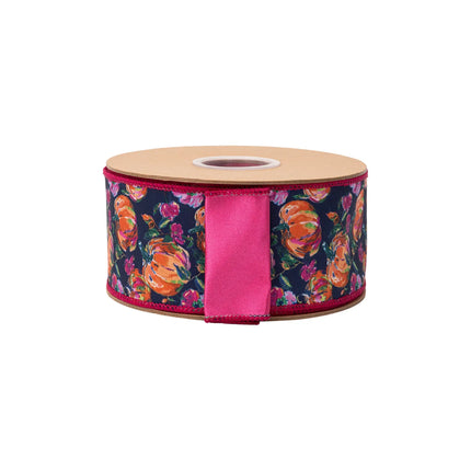 Bold fall‑themed decorative ribbon,dupioni fabric with painted pumpkins, florals and pink satin backing