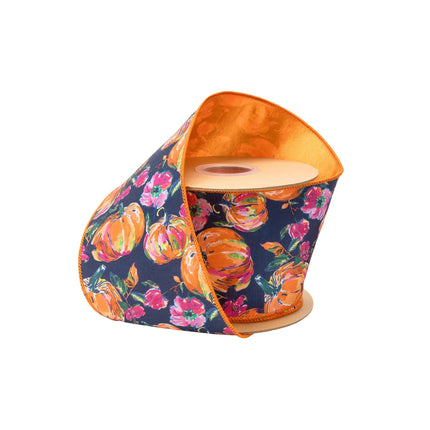 4" wired dupioni ribbon, hand‑painted pumpkins and bright flowers on navy blue with satin orange backing