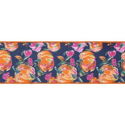 Bold fall‑themed decorative ribbon, dupioni fabric featuring pumpkins, flowers and orange satin backing