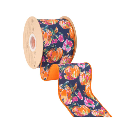 Artistic harvest wired ribbon, deep blue base with painted pumpkins and orange satin backing
