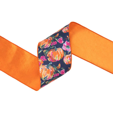 wired dupioni ribbon with pumpkin and floral design, rich navy background and orange satin backing 