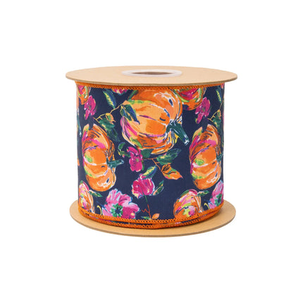 Navy blue wired ribbon with colorful pumpkin floral print, with luxe orange satin reverse side