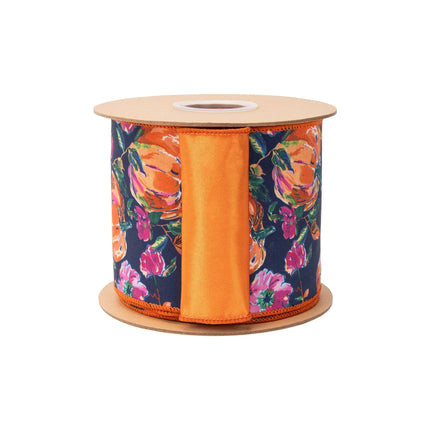 4" fall pumpkin‑flower dupioni ribbon, wired edge, vibrant autumn pattern on dark blue with satin orange backing