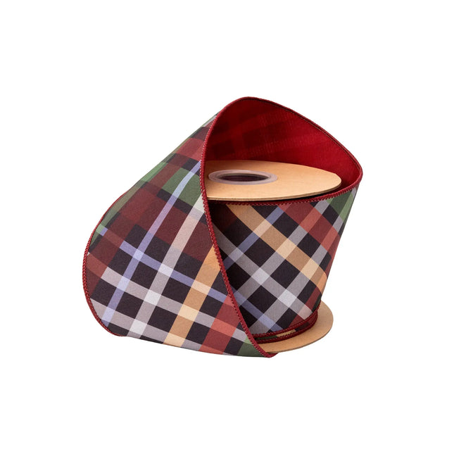 4" wired dupioni ribbon, jewel‑tone bias plaid pattern with red backing for rich fall and holiday decor