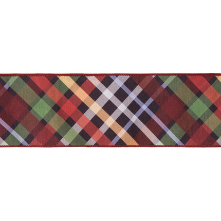 Elegant seasonal plaid ribbon, dupioni fabric with rich jewel‑color plaid and red backing for crafts