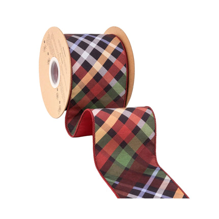 Luxe fall‑themed check wired ribbon, vibrant jewel‑toned plaid and solid red backing