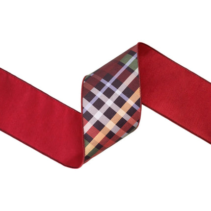 4" wired dupioni ribbon with jewel tone bias plaid print, warm multi‑tonal pattern and red backing for wreaths