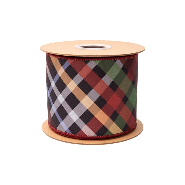 Multi‑color diagonal plaid wired ribbon, featuring deep jewel hues with red reverse side