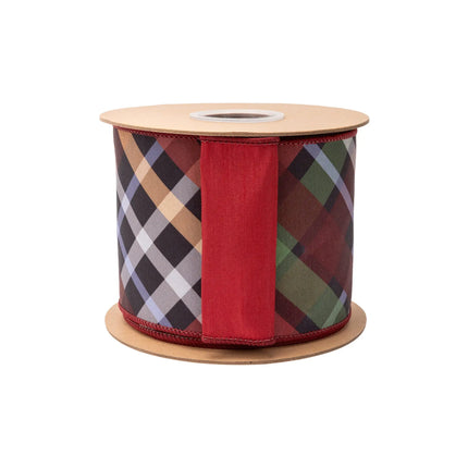 4" jewel tone tartan dupioni ribbon, wired edge, classic bias plaid design with matching red backing