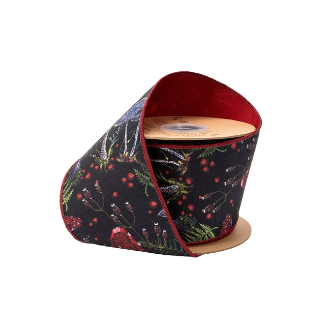 4" wired dupioni ribbon, jewel‑tone mushrooms and botanicals on black with red backing 
