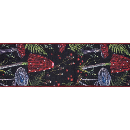 Rich woodland decorative ribbon, dupioni fabric featuring jewel‑toned mushrooms, ferns and bold red backing