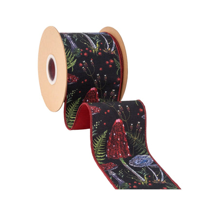 Dark botanical wired ribbon,black background with jewel‑colored mushrooms and greenery paired with red backing