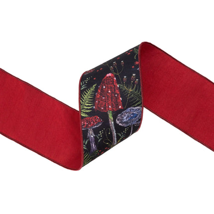 wired dupioni ribbon with jewel‑tone mushroom print, moody black tone and red backing for wreath crafts