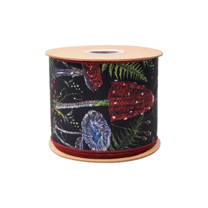 Black wired ribbon with vibrant jewel‑hued mushroom print, featuring forest foliage accents with red reverse