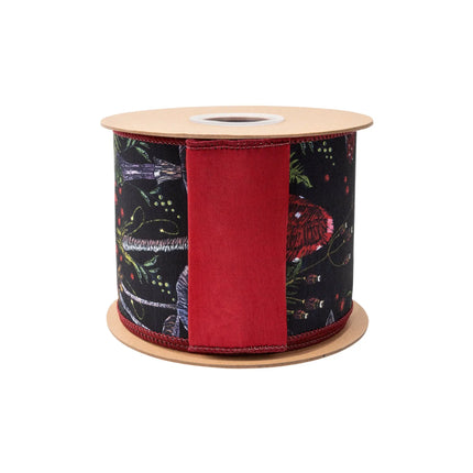4" woodland mushroom dupioni ribbon, colorful jewel‑toned fungi design on dark black base with red backing